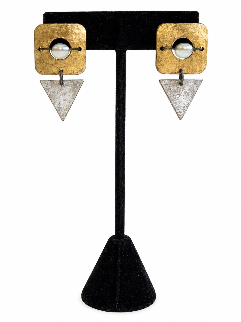 Gold and Silver Geometric Drop Earrings with Pearl Accent